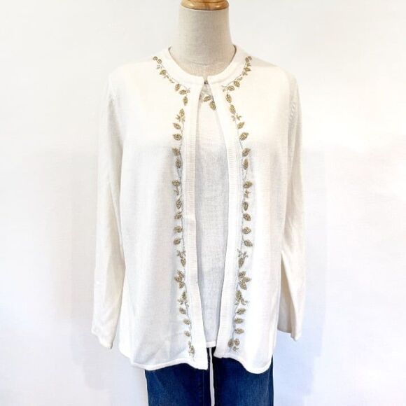 Designers Originals Sweater Set Cardigan/Shell Cream Metallic Embroidery 2 Piece - Picture 2 of 12